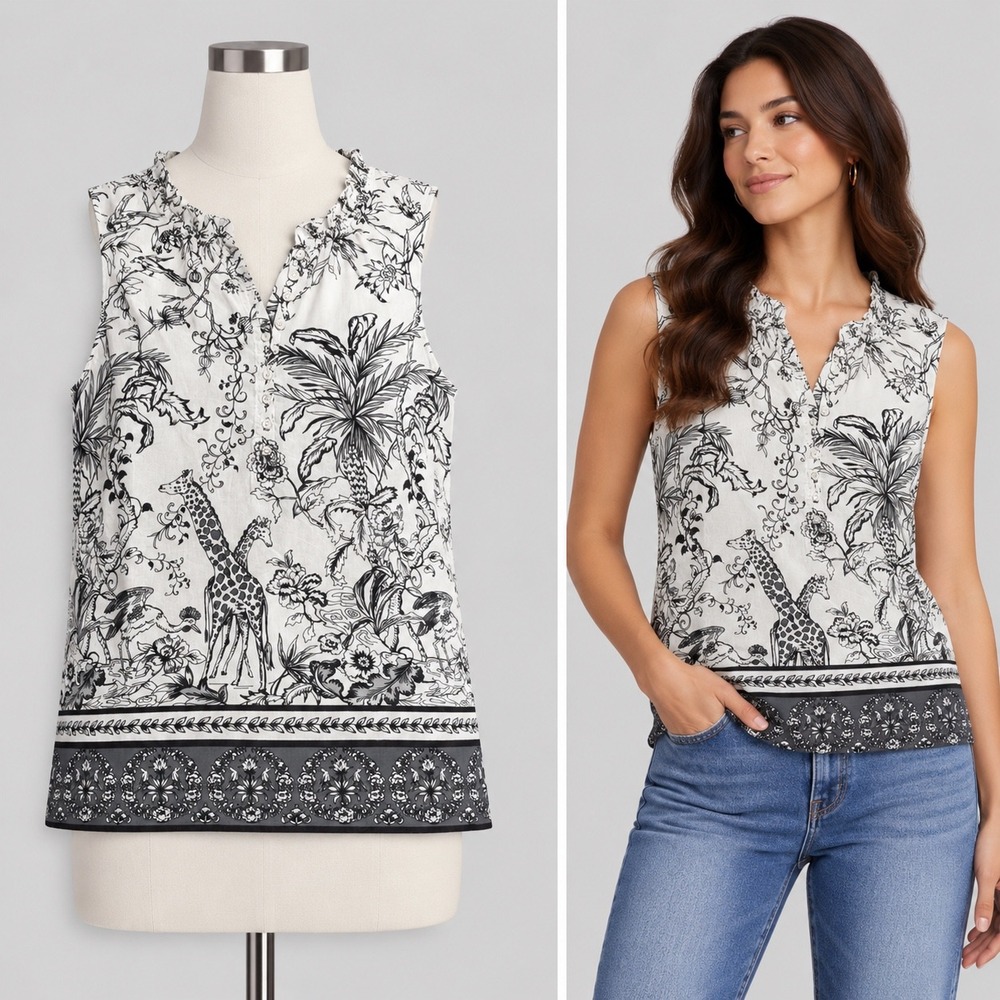 Talbots Sleeveless Top Women M White Black Jungle Toile Giraffe Safari Chic